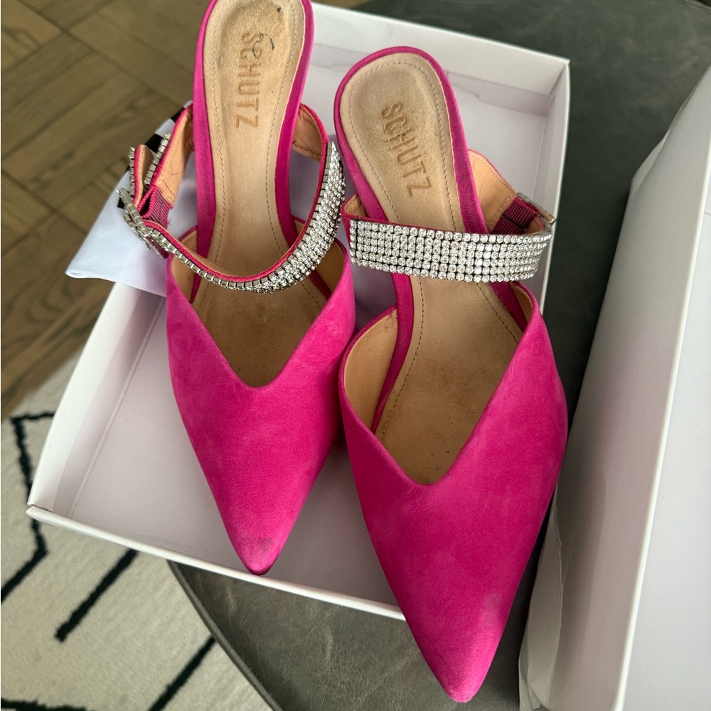 SCHUTZ Pink Heels with Rhinestone Strap